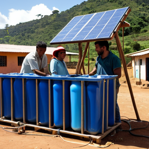 Home 11 **
"Engineers from diverse backgrounds collaborate on a sustainable water purification system in a rural Latin American village. Solar panels provide power. The scene emphasizes hope, community, and technological advancement. Warm, natural light."
**