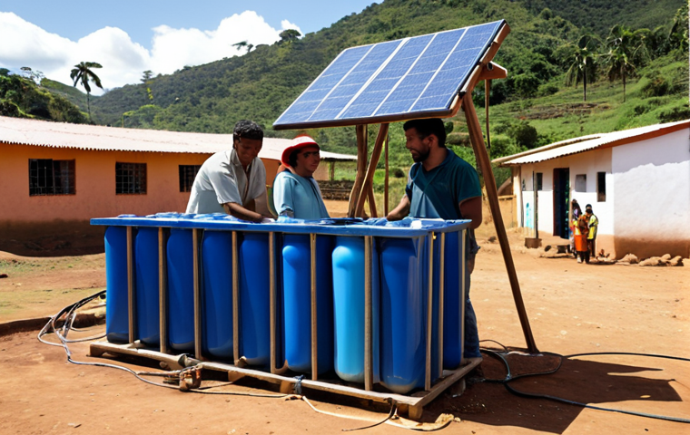 **
"Engineers from diverse backgrounds collaborate on a sustainable water purification system in a rural Latin American village. Solar panels provide power. The scene emphasizes hope, community, and technological advancement. Warm, natural light."
**