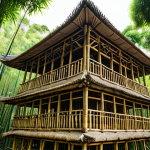 **Bamboo structure in Asia:** Impressive bamboo building with intricate details, showcasing its strength and flexibility. Natural light, lush greenery in the background, emphasizing sustainability.