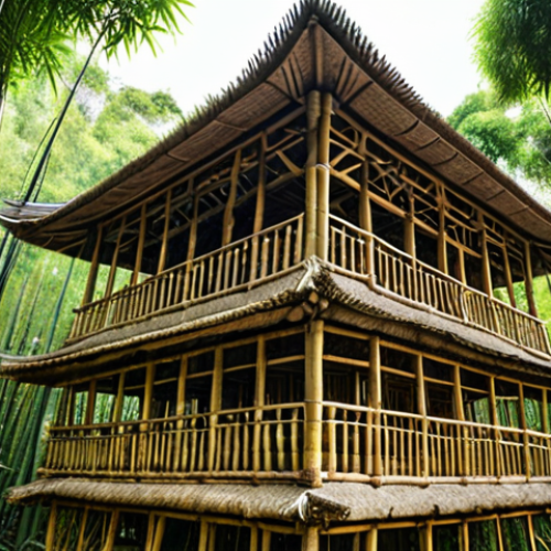 Home 6 **Bamboo structure in Asia:** Impressive bamboo building with intricate details, showcasing its strength and flexibility. Natural light, lush greenery in the background, emphasizing sustainability.