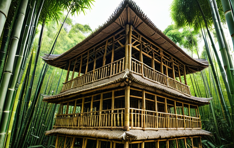 **Bamboo structure in Asia:** Impressive bamboo building with intricate details, showcasing its strength and flexibility. Natural light, lush greenery in the background, emphasizing sustainability.
