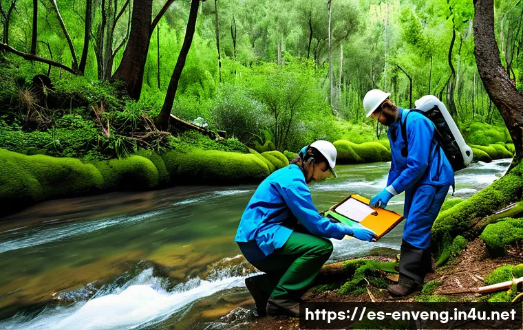 환경과학과 환경공학의 차이점 - A detailed scene of environmental scientists conducting field research in a lush, diverse forest in ...