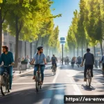 Home 21 환경오염과 해결책 - A detailed urban scene in Madrid showing a busy street with electric shared bicycles and electric ca...