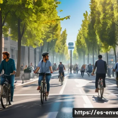 Home 33 환경오염과 해결책 - A detailed urban scene in Madrid showing a busy street with electric shared bicycles and electric ca...