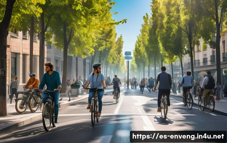 환경오염과 해결책 - A detailed urban scene in Madrid showing a busy street with electric shared bicycles and electric ca...