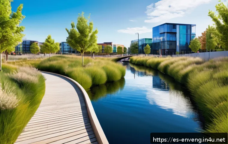 환경공학 문제 해결 기법 - A modern urban park integrating natural wetlands and green infrastructure designed to mitigate flood...
