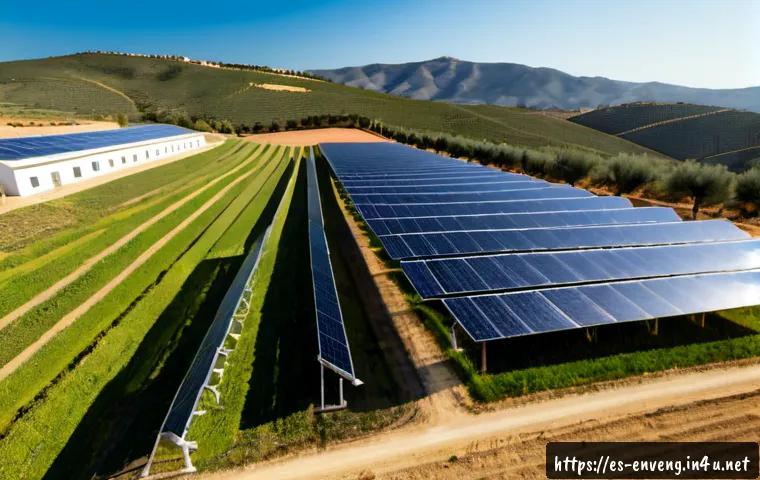재생 가능 에너지 기술 - Photorealistic wide-angle view of a modern solar farm in sunlit rural Spain, rows of clean photovolt...