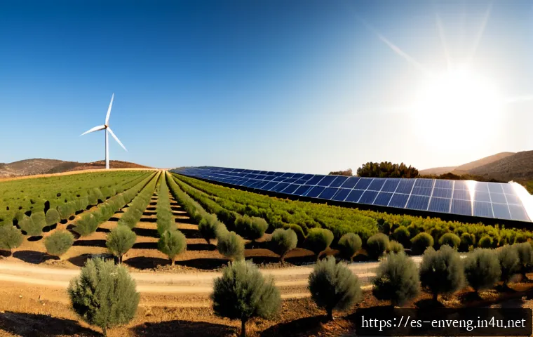 청정 기술 및 그린에너지 - Photorealistic wide-angle view of a modern solar farm in rural Spain at golden sunrise, neat rows of...